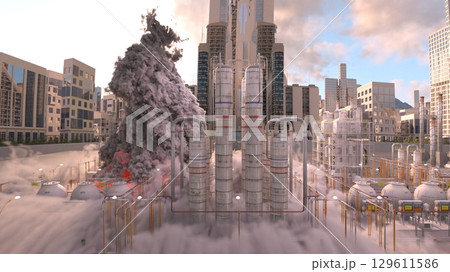 攻撃される都市の風景 129611586