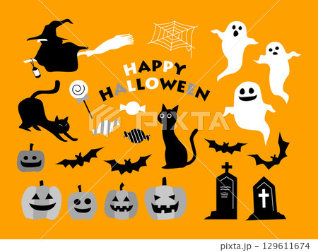 シンプルでかわいいハロウィンのイラストセット シンプルでかわいいハロウィンのイラストセット 129611674
