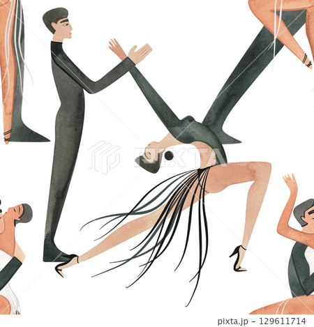 Latin. Competition in ballroom dancing. Seamless pattern for decoration of merch and souvenirs of dance competitions. Wrapping paper, paper bags, notebook cover. 129611714