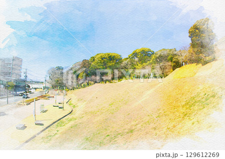 [愛知県]小牧市にある小牧山城の土塁の水彩画 129612269