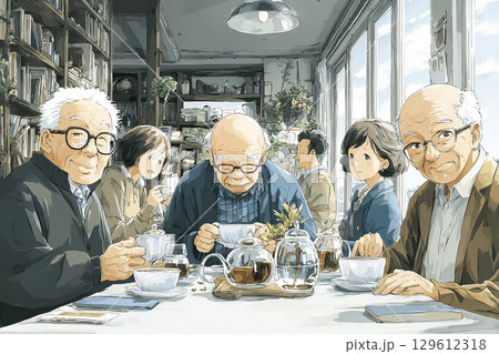 春のカフェで友人とお茶を楽しむ高齢者 129612318