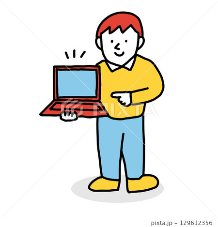 パソコンの画面を見せながら指をさす人のイラスト パソコンの画面を見せながら指をさす人のイラスト 129612356