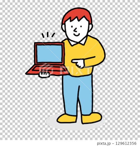 パソコンの画面を見せながら指をさす人のイラスト パソコンの画面を見せながら指をさす人のイラスト 129612356