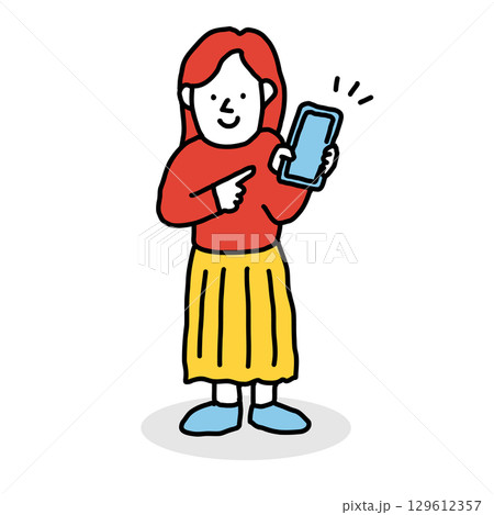 スマートフォンの画面を見せながら指をさす人のイラスト 129612357