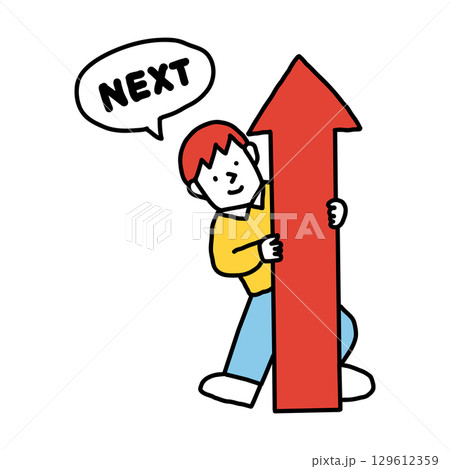 次のステップアップに向けて上向きの矢印を抱えるモチベーションの高い人のイラスト 129612359