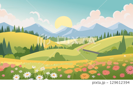 草原に舞うコスモスの背景 129612394