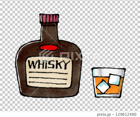 威士忌酒瓶和岩石玻璃 129612480
