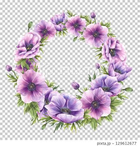 Watercolor purple Anemones flowers with pink, green buds and leaves wreath. Hand drawn botanical circle frame for wedding, greeting card, floral save the day design. Isolated on white illustration 129612677