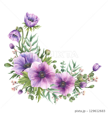 Watercolor purple Anemones flowers with pink buds twig and eucalyptus branches. Realistic floral gently semicircular bouquet for wedding, greeting card Hand drawn isolated from background illustration Watercolor purple Anemones flowers with pink buds twig and eucalyptus branches. Realistic floral gently semicircular bouquet for wedding, greeting card Hand drawn isolated from background illustration 129612683