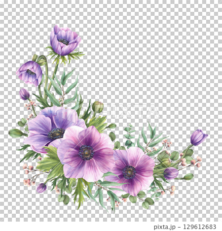 Watercolor purple Anemones flowers with pink buds twig and eucalyptus branches. Realistic floral gently semicircular bouquet for wedding, greeting card Hand drawn isolated from background illustration 129612683