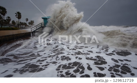 Hurricane ian delivering devastating landfall in florida, generating powerful waves crashing against weathered lifeguard tower and aggressively eroding vulnerable coastline 129612719