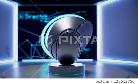 Futuristic metallic device rotating on pedestal, illuminated by changing neon lights, with digital interface displaying network connections and ai director label 129612756