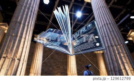Futuristic transparent digital book is flipping its pages automatically in augmented reality inside a museum, while visitors wearing vr headsets walk around Futuristic transparent digital book is flipping its pages automatically in augmented reality inside a museum, while visitors wearing vr headsets walk around 129612799