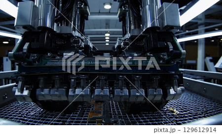 Robotic arms precisely handling circuit boards along automated conveyor in modern electronics manufacturing facility, demonstrating advanced industrial automation and technological precision 129612914