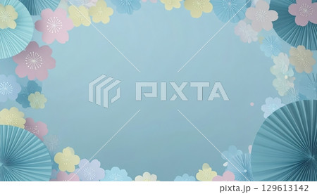 青い花と和風扇のサマーボーダー背景 129613142