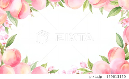 水彩風桃と花のボーダーフレーム 水彩風桃と花のボーダーフレーム 129613150