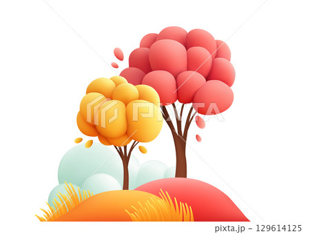 Bright Vector Illustration of Cartoon Style Trees with Rounded Shapes in Autumn Colors Against a White Background 129614125