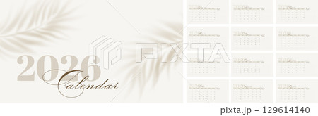 Vector Illustration Background of a Minimalist 2026 Calendar Featuring a Neutral Color Scheme, Decorative Fonts, and an Elegant Design with Leaf Imagery 129614140
