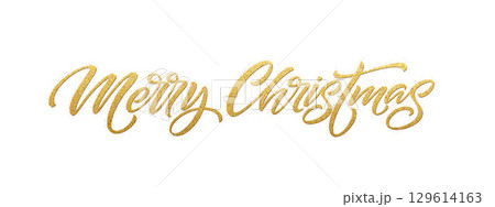 Vector Illustration of a Merry Christmas Calligraphy Text Created with Golden Effects on a White Background, Depicting Festive and Elegant Holiday Greetings 129614163