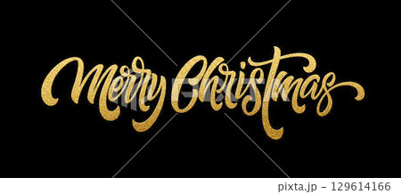 Golden Merry Christmas Text Design with Elegant Handwritten Script on Black Background Golden Merry Christmas Text Design with Elegant Handwritten Script on Black Background 129614166