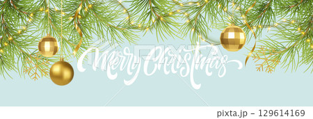 Vector Illustration Concept Featuring Festive Green Pine Branches Decorated With Golden Ornaments and Text Inscription Merry Christmas, Set Against a Minimal Light Blue Background. Vector Illustration Concept Featuring Festive Green Pine Branches Decorated With Golden Ornaments and Text Inscription Merry Christmas, Set Against a Minimal Light Blue Background. 129614169