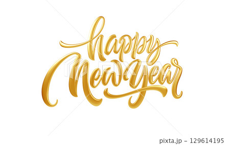 Elegant Golden Happy New Year Calligraphy Illustration on a White Background, Perfect for Celebrations, Events, and Festive Design Projects in a Cheerful and Stylish Theme 129614195