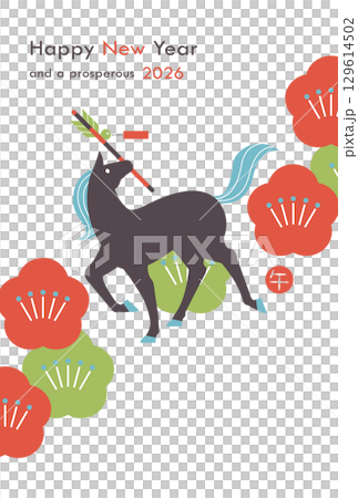 午年年賀状 破魔矢とシンプルな馬のシルエットと梅の花 午年年賀状 破魔矢とシンプルな馬のシルエットと梅の花 129614502
