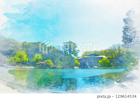 [愛知県]名古屋市東区の徳川園の水彩画 129614534