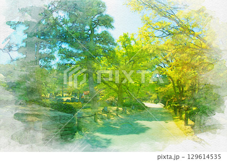 [愛知県]名古屋市東区の徳川園の水彩画 129614535