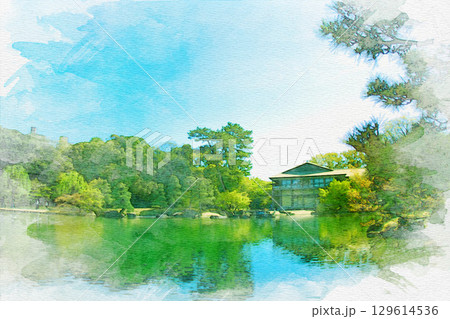 [愛知県]名古屋市東区の徳川園の水彩画 129614536