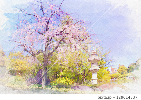 [愛知県]名古屋市東区の徳川園の水彩画 129614537