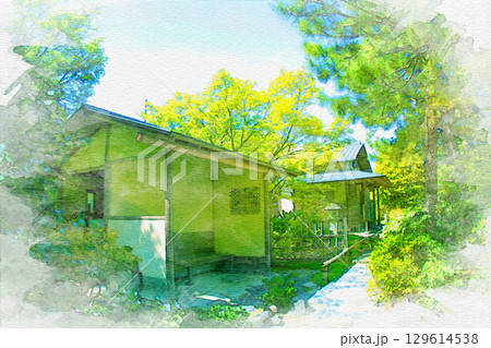 [愛知県]名古屋市東区の徳川園の水彩画 129614538