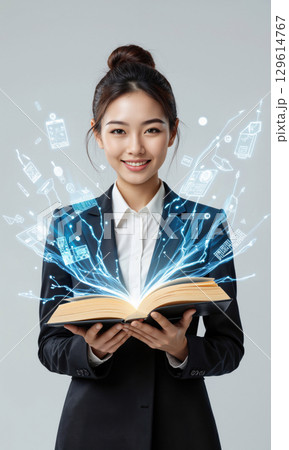 Asian female manager with swirling light forming open book, symbol of continuous learning, isolated , 3D stylized, waist-up 129614767