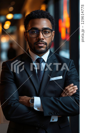 Black male venture capitalist with close fade and square luxury glasses, arms crossed and posture grounded as stock market arcs 129614778