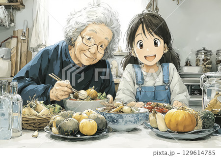 秋の味覚を楽しむ高齢女性と孫 秋の味覚を楽しむ高齢女性と孫 129614785