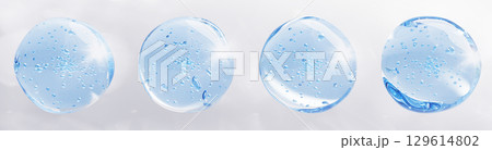 Blue liquid gel drops with bubbles for skin care. Render 3d set of jelly cream texture, clear collagen serum, hyaluron acid water essence. Aqua moisture toner. Cosmetic beauty product. 3D illustration 129614802