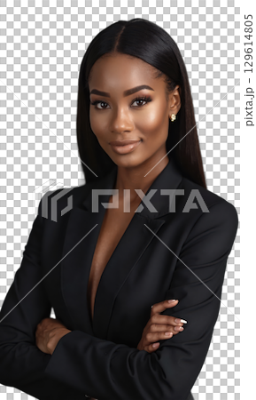 A confident Black woman with striking eyes and a commanding presence, dressed in a sleek suit, exuding authority, innovation 129614805