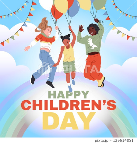 Children day with air balloons poster. Kids flying on helium color balls in sky, happy friends play together on rainbow, have fun, social media post, card design, tidy vector cartoon concept 129614851