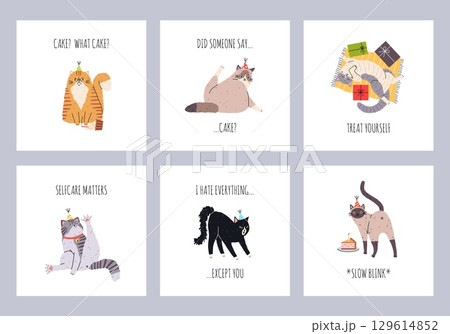 Cute cats cards. Funny fluffy pets in different poses and situations, various animals breeds, cartoon kittens characters, square design template with phrases tidy vector doodle isolated set Cute cats cards. Funny fluffy pets in different poses and situations, various animals breeds, cartoon kittens characters, square design template with phrases tidy vector doodle isolated set 129614852