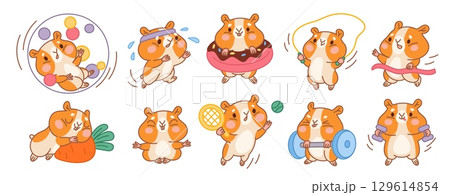 Cute hamster character. Kawaii little pet, funny kids mascot in different actions and poses, sporting animal, big cheeks, domestic rodent stickers, garish vector cartoon isolated set Cute hamster character. Kawaii little pet, funny kids mascot in different actions and poses, sporting animal, big cheeks, domestic rodent stickers, garish vector cartoon isolated set 129614854