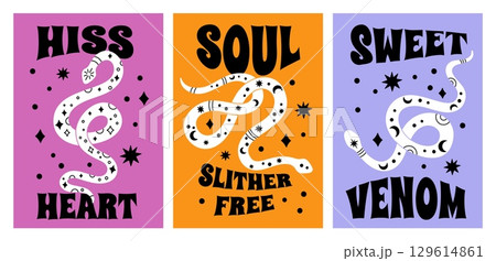 Snakes hippie cards. Mystical occult symbols, magical serpents silhouettes, groovy writhing reptiles with esoteric signs, poster or print design, star and moon, garish vector set 129614861