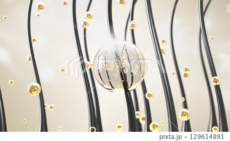 Black hair curls with oil drops texture. Beauty care 3d background with gold liquid bubbles of clear serum gel or shampoo with molecule. Yellow honey mask, keratin or biotin vitamin. 3D illustration 129614891