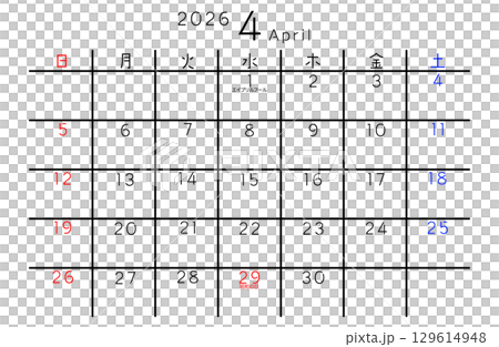 2026年4月　シンプルカレンダー 曜日 日本語 129614948