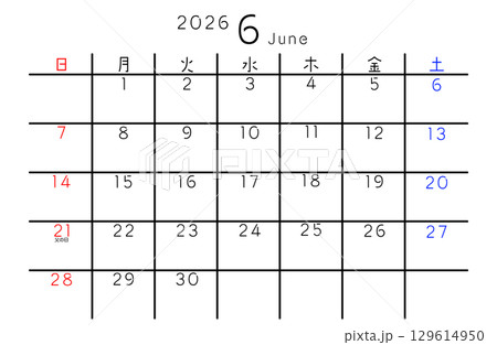 2026年6月　シンプルカレンダー 曜日 日本語 129614950