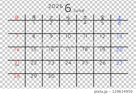 2026年6月　シンプルカレンダー 曜日 日本語 129614950
