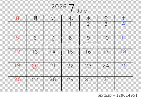 2026年7月　シンプルカレンダー 曜日 日本語 129614951