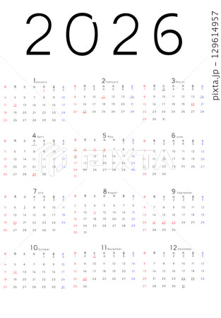 2026年年間シンプルカレンダー　曜日日本語 129614957
