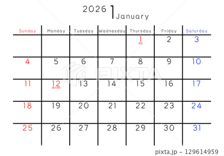 2026年1月　シンプルカレンダー　曜日 英語 129614959