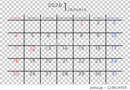 2026年1月　シンプルカレンダー　曜日 英語 129614959