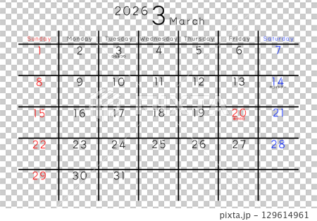 2026年3月　シンプルカレンダー 曜日 英語 129614961
